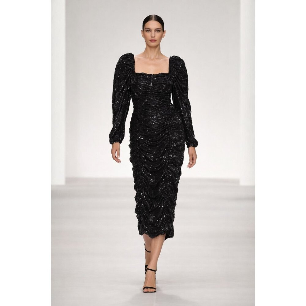 Maer Black Sequin Ruched Midi Dress Long Sleeve Bodycon Party Cocktail 12 NWT